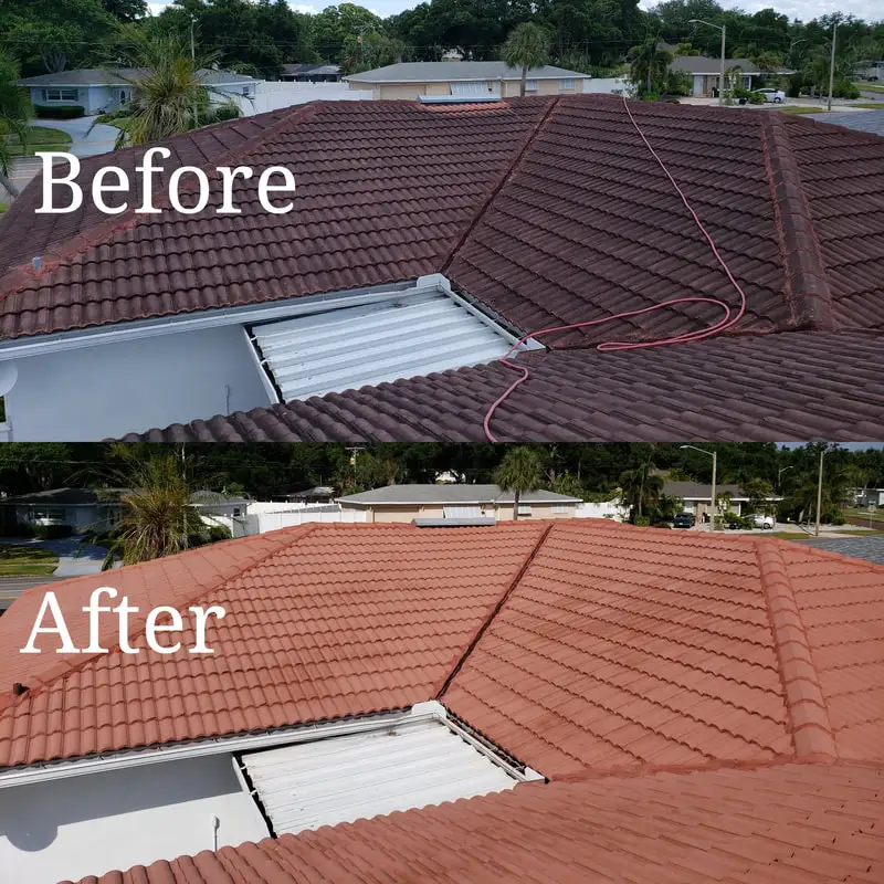 Project example showing pressure cleaning of a dark-stained terracotta tile roof