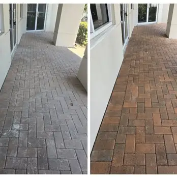 Project example showing pressure cleaning of a dirt-darkened brick paver walkway