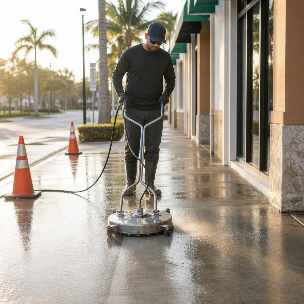 Rotary surface cleaning a commercial storefront sidewalk