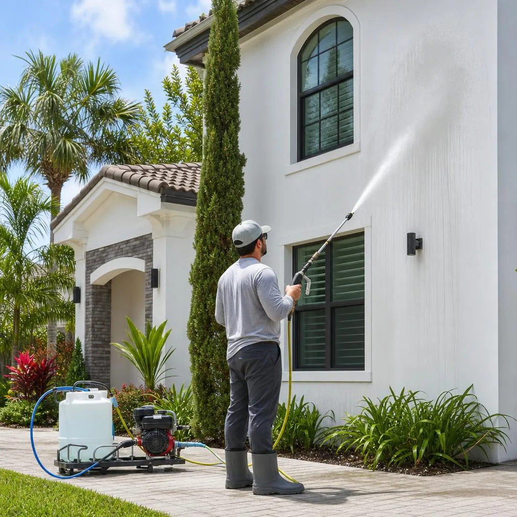 Professional soft washing the stucco exterior of a Florida home