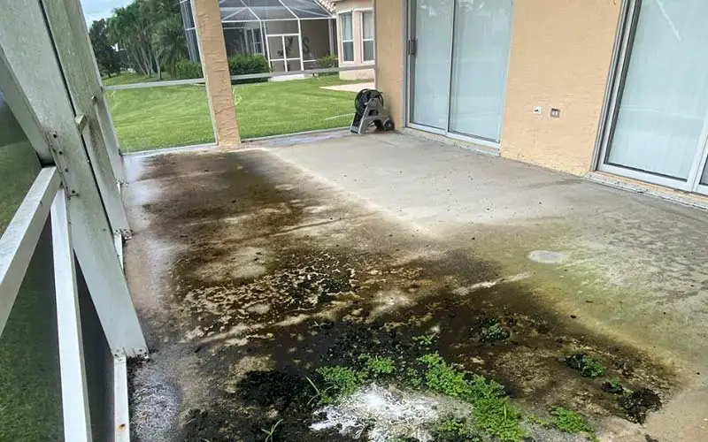 Service need example showing a lanai floor with dark mildew and algae buildup
