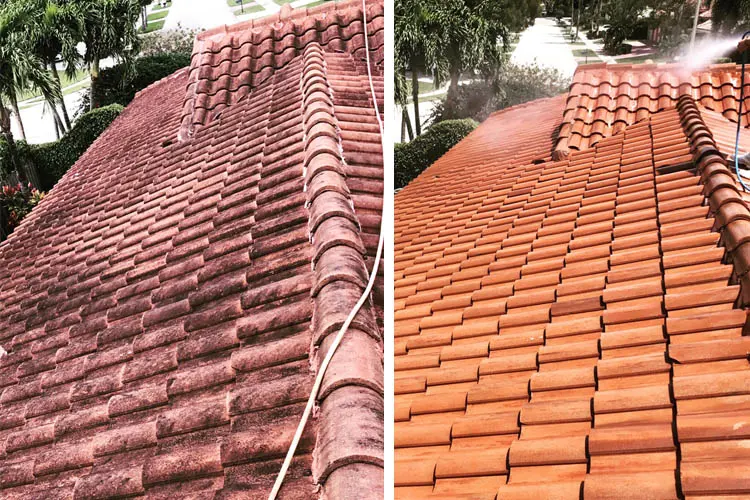 Before and after pressure cleaning of a stained terracotta tile roof